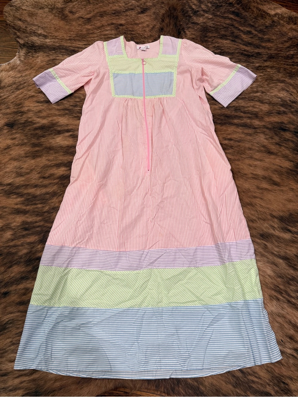 ' Pink Seersucker Nightgown with Pastel Stripe Accents